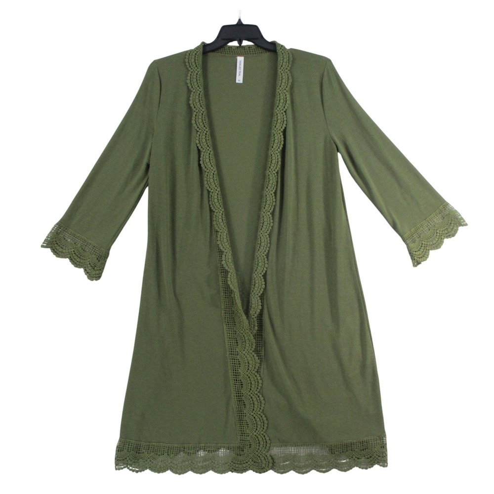 Tickled Teal Womens XL Olive Green Crochet Lace Trim Open Front Cardigan Layer
